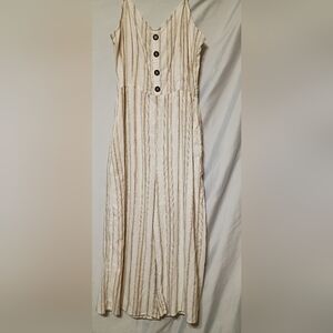 J for Justify Cream and Tan Striped Button-Front Jumpsuit Smocked Back Linen Ble
